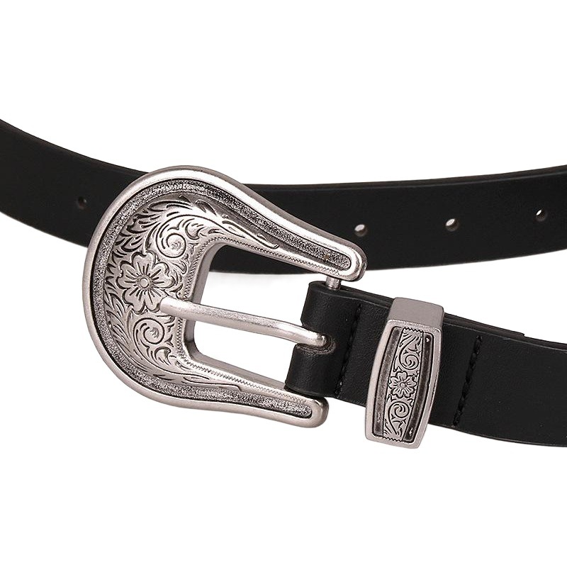 Manufacturer's Ready-Made New European and American Western Buckle Ancient Silver Carved Retro Pin Buckle Versatile Women's Belt Black Accessories Belt
