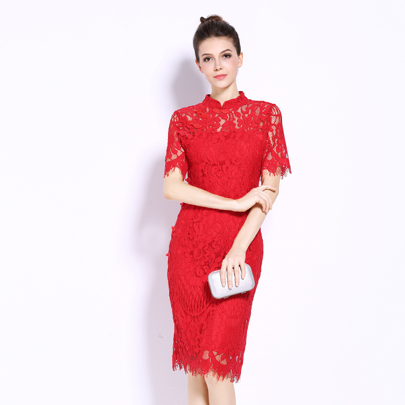 Picture of European Station 2023 Summer and Autumn Women's Clothing Foreign Trade New Slim-fit Red Bridal Dress Short-sleeved Cheongsam Lace Dress