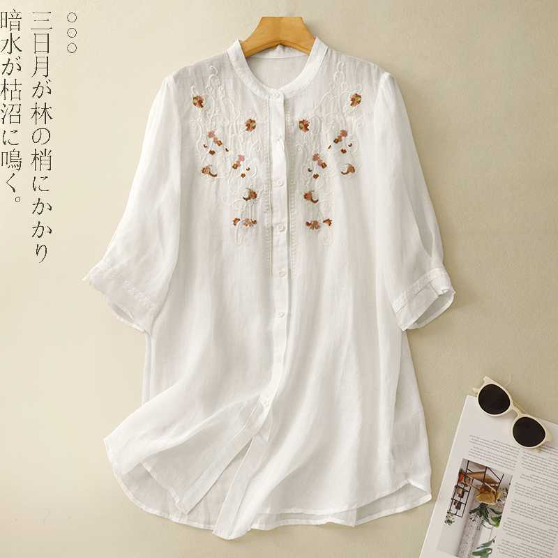 Real-shot 2024 New Chinese-style Cotton and Linen Embroidered Shirt Women's Summer New Loose Vertical Collar Thin Seven-sleeve Sun-protective Clothing