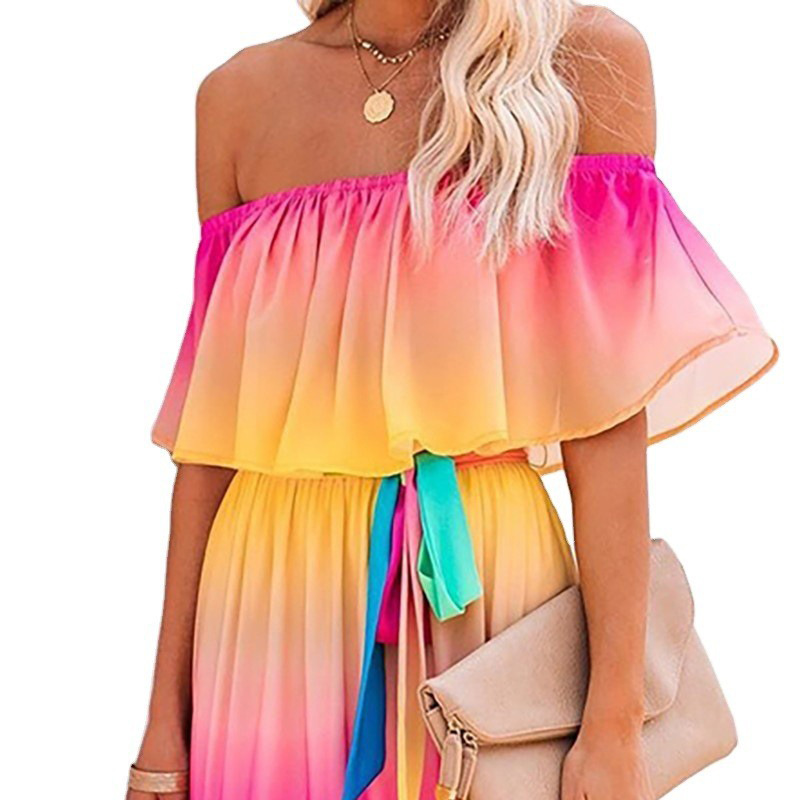 Picture of 2025 Summer Export New Wish Style Rainbow Gradient Dress Amazon Ebay One-Line Collar Cross-Border Dress