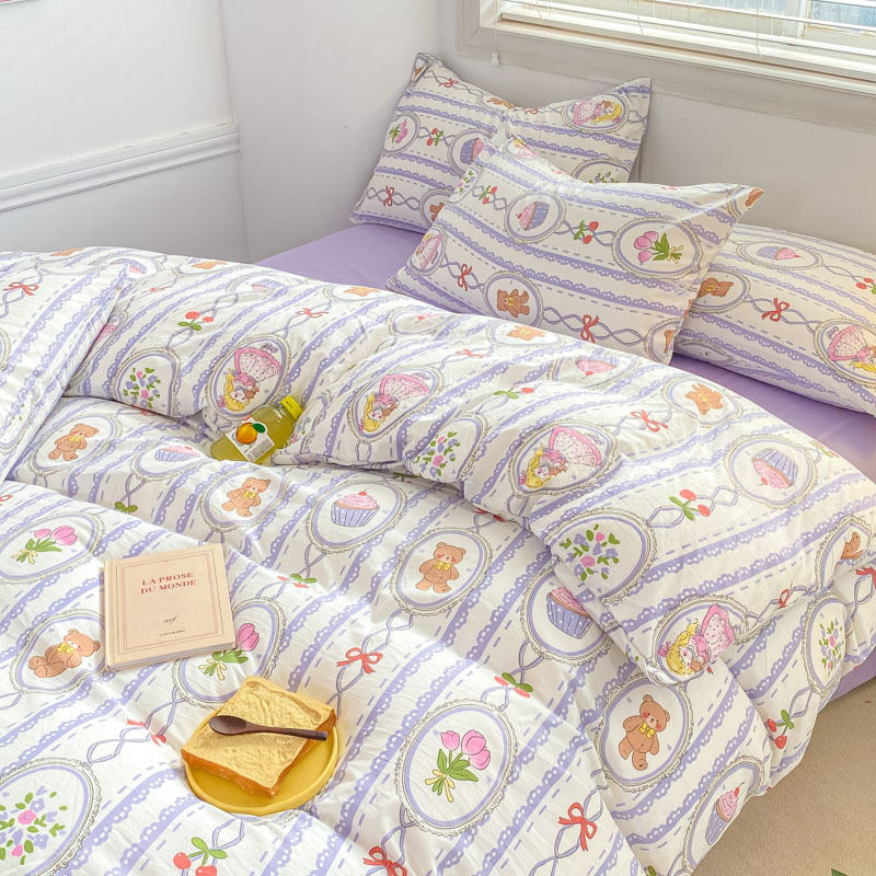 Picture of Class A Mother and Infant Grade Washed Cotton Four-piece Set Cotton ins Style Cartoon Fresh Cotton Bed Cover Three-piece Set