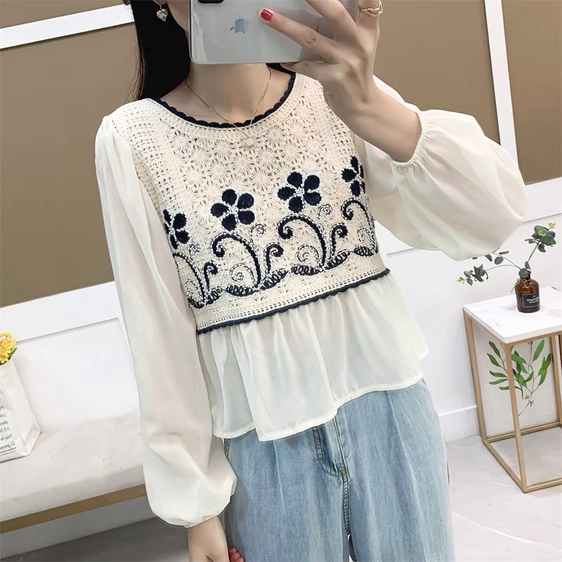 Women's long-sleeved shirt 2022 spring and summer new Korean style short chiffon shirt embroidered flower fashion knitted beaded shirt