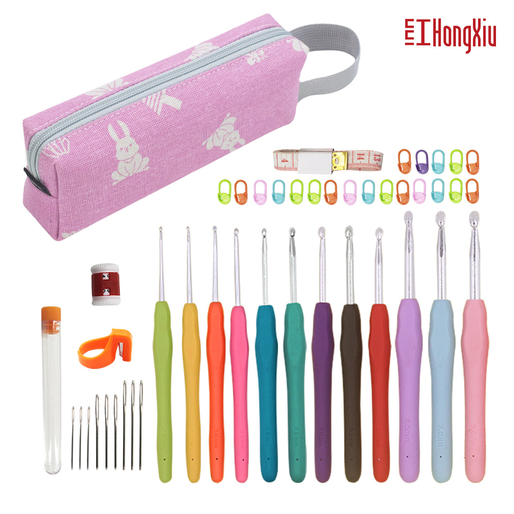 Picture of Cross-border wholesale full set of handmade crochet wool knitting tools hook knitting bag rainbow TPR soft handle crochet suit
