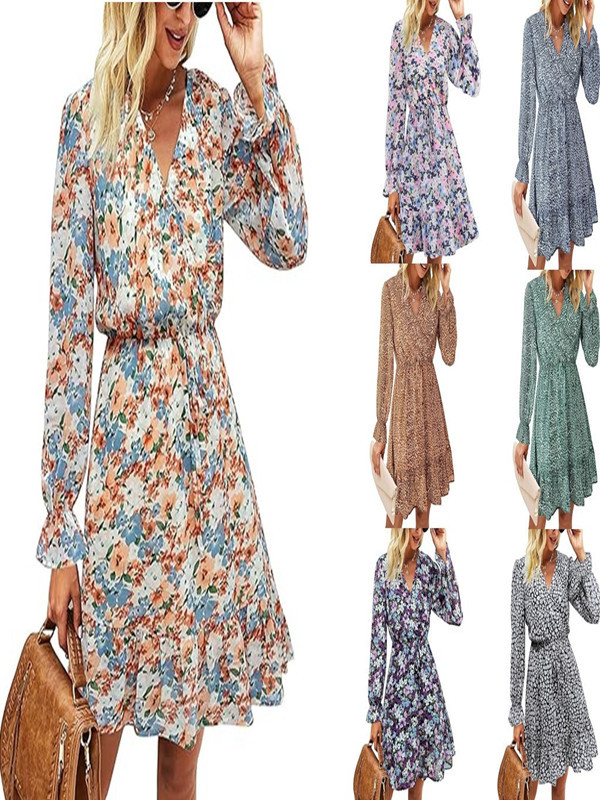 European and American cross-border Amazon AliExpress 2025 autumn new elegant V-neck flared sleeve floral long sleeve dress