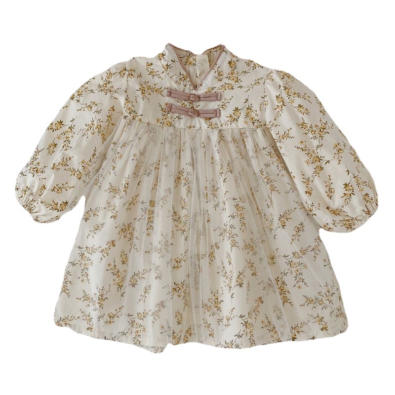 2025 Autumn Infant and Toddler Baby Girl Chinese Style Stand Collar Flower Print Mesh Long Sleeve Skirt Dress