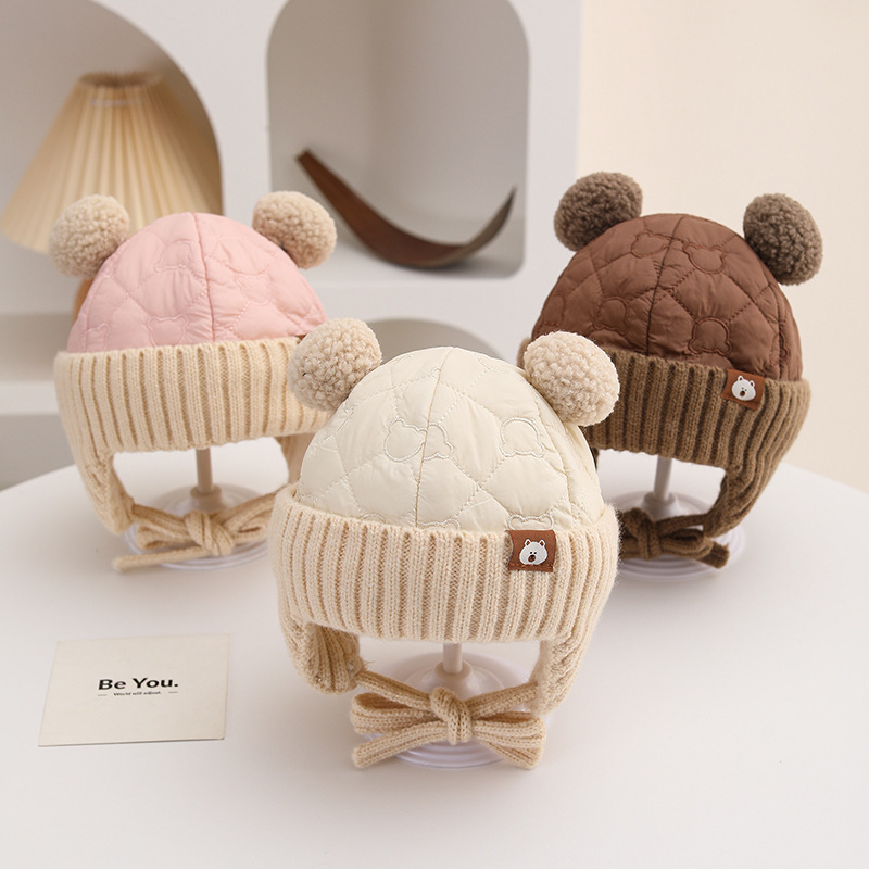 2024 small wool cap autumn and winter baby hat ear protection baby warm ball thickened cute pullover cap wool cap