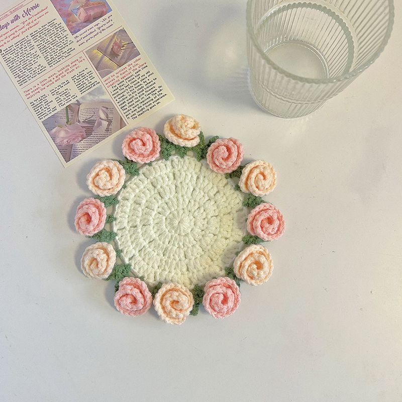 Pure handmade wool crocheted rose bouquet coasters heat insulation mat desktop ornaments creative crocheted holiday gifts