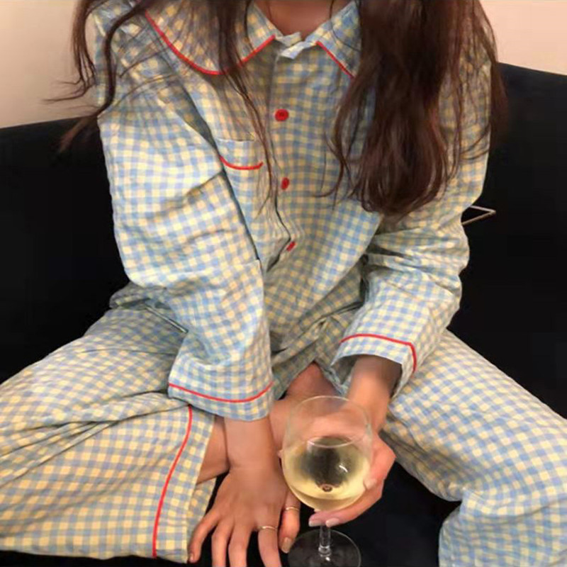 Cardigan Pajamas Women's Spring and Autumn Long-sleeved Pants Lapel Doll Collar Korean Style Plaid Home Clothes Air-conditioning Clothes Foreign Trade Suit