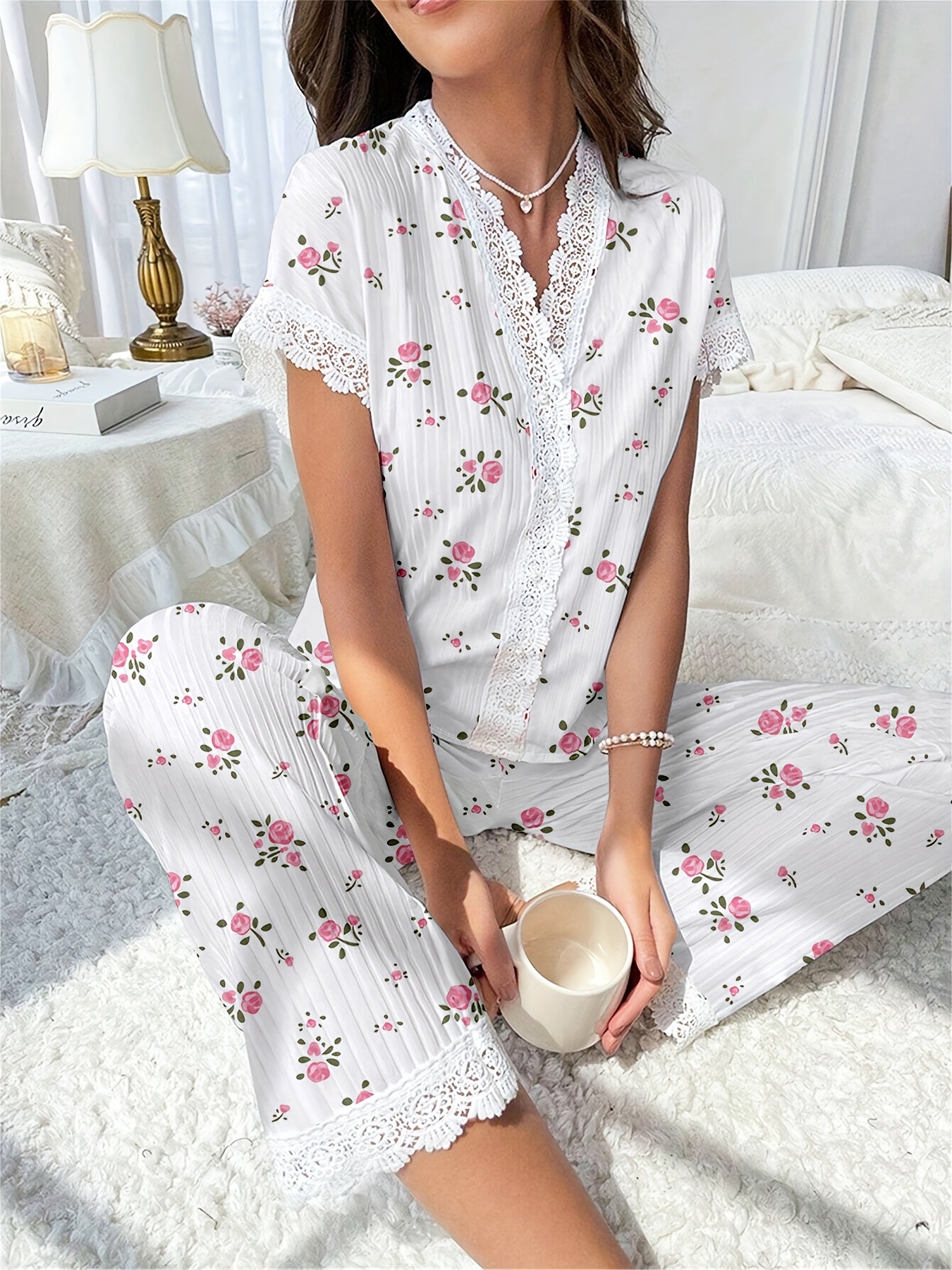 Picture of European and American Cross-Border Best-Selling Women's Home Clothes Cherry Print Water-Soluble Embroidered Edge Short-Sleeved Trousers Can Be Worn Outside Pajamas for Women