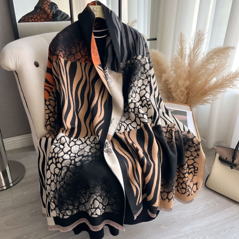 European and American Foreign Trade Cross-border Scarf Cashmere Women's Zebra Pattern Thickened Shawl Color-matching Short Beard Warm Air Conditioning Shawl