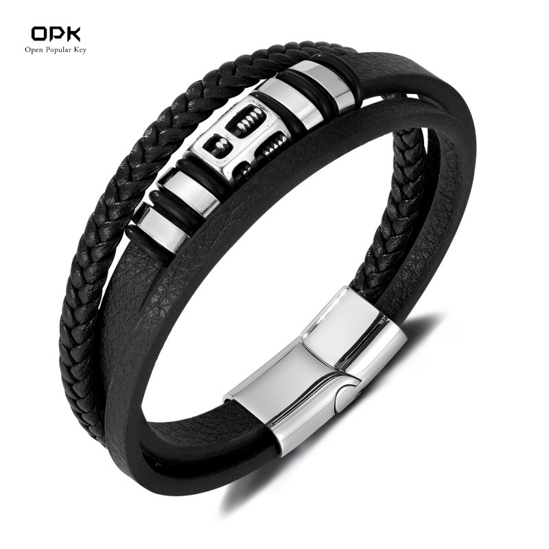 OPK European and American Retro Leather Bracelet Men's Stainless Steel Geometric Multi-layer Woven Fashion All-match Titanium Steel Leather Bracelet