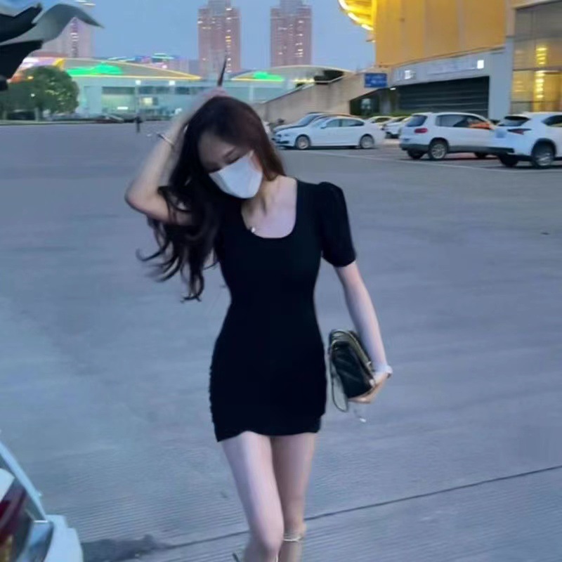 Black Short-sleeved dress Women's 2024 Summer New Design Hollow-out Elegant High Waist Slim-fit Hip Skirt