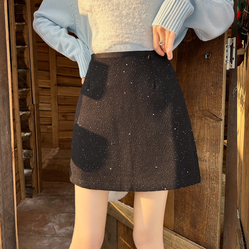 Real Shot 2024 Autumn and Winter Small Fragrant Style Glittering Heavy Industry Sequin Skirt Women's Winter Woolen Skirt Hip Skirt