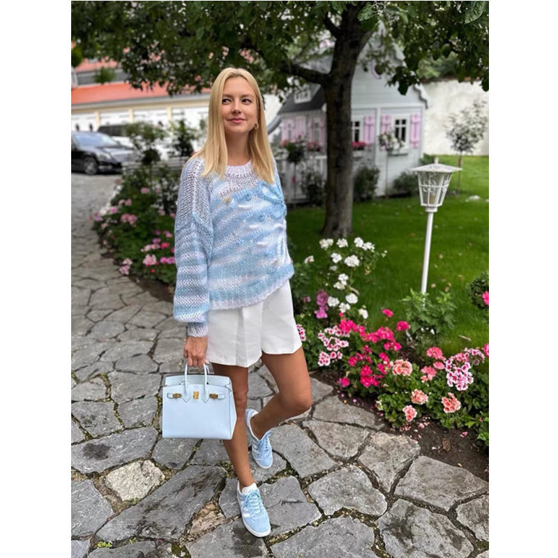 Autumn and Winter Luojia Gentle Ladylike Elegant Versatile Soft Waxy Stripesd Knitted Sweater Top