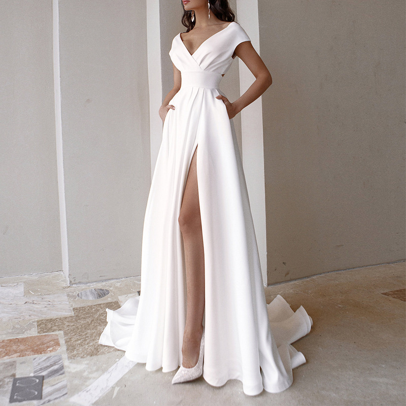 Cross-border Wrapped Chest Ruffled Red and Black White Mid-waist Solid Color Elegant Commuter Dress dress Evening Dress