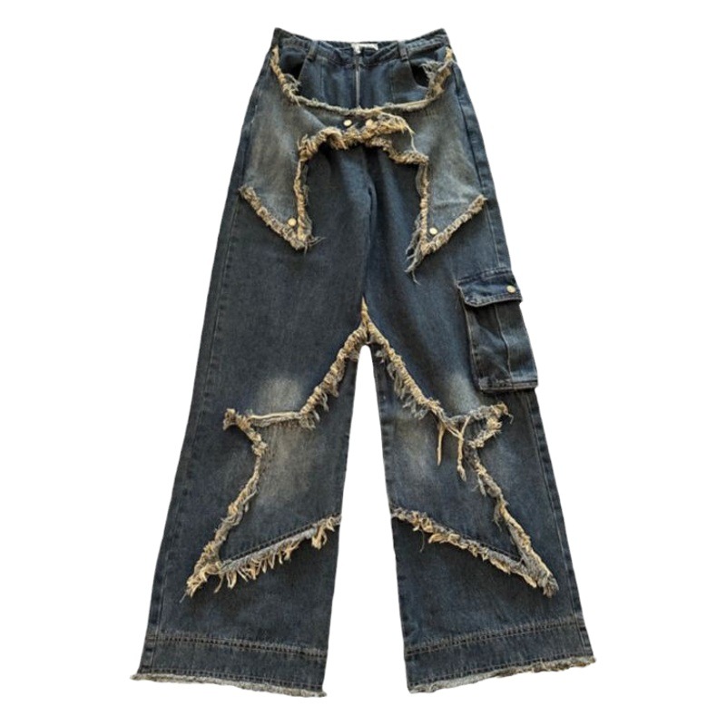 American Style Retro Loose Slim Look Jeans Women's Spring and Summer Design Sense Ruffled Trousers Straight Leg Wide Leg Trendy