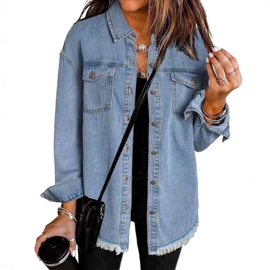 Picture of Cross-border New Washed Denim Shirt Jacket 2024 European and American Women's Autumn and Winter Distinctive Street Style Edge Hem Jacket