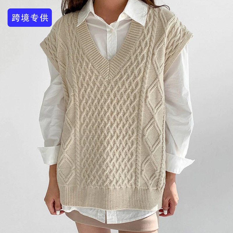 Picture of Ready-Made Sweater Customized Cross-Border Foreign Trade European and American Amazon Solid Color Cable Loose Casual Cable Knitted Vest for Women