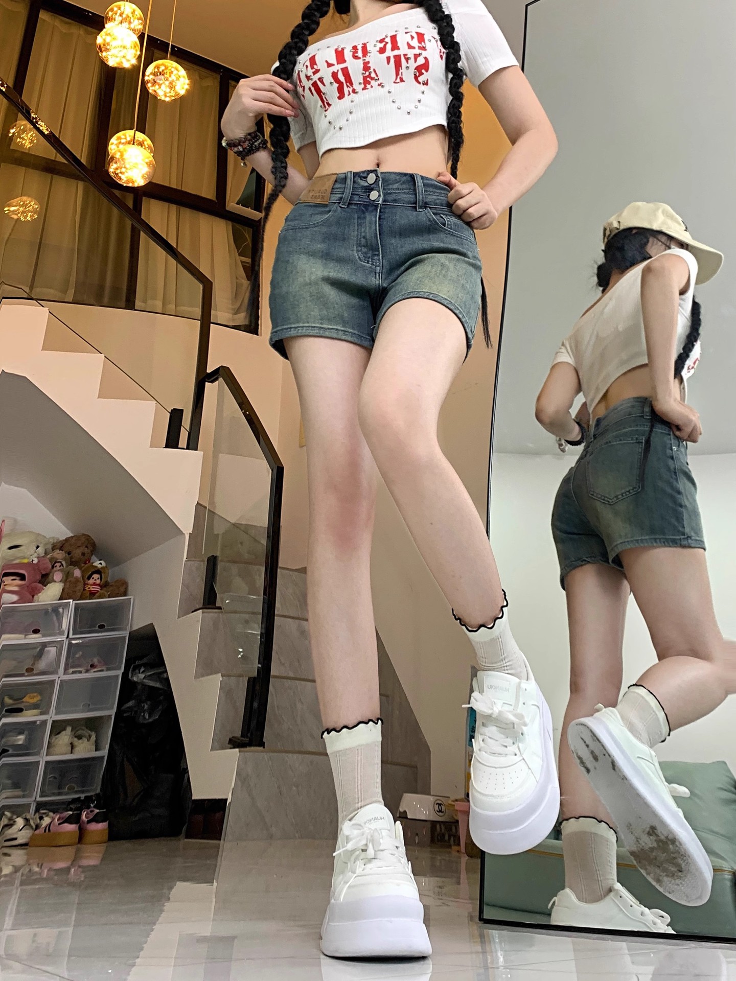 Vintage Denim Shorts Women's Spring and Summer 2024 New High Waist Wide Leg Loose Slimming Hip-wrap Pants A- shaped Pants