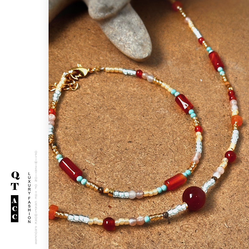 Picture of Guofeng New Chinese Style Jewelry Ancient Style Red Agate Turquoise Beaded Design Hanfu Accessories Necklace Bracelet suit Women