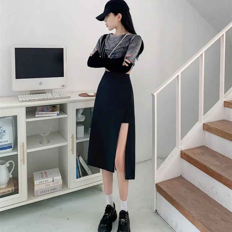 2022 Autumn plus size chubby girl Long Black Skirt Women's High Waist Slimming Split Hip Covering A- shaped Hip Skirt