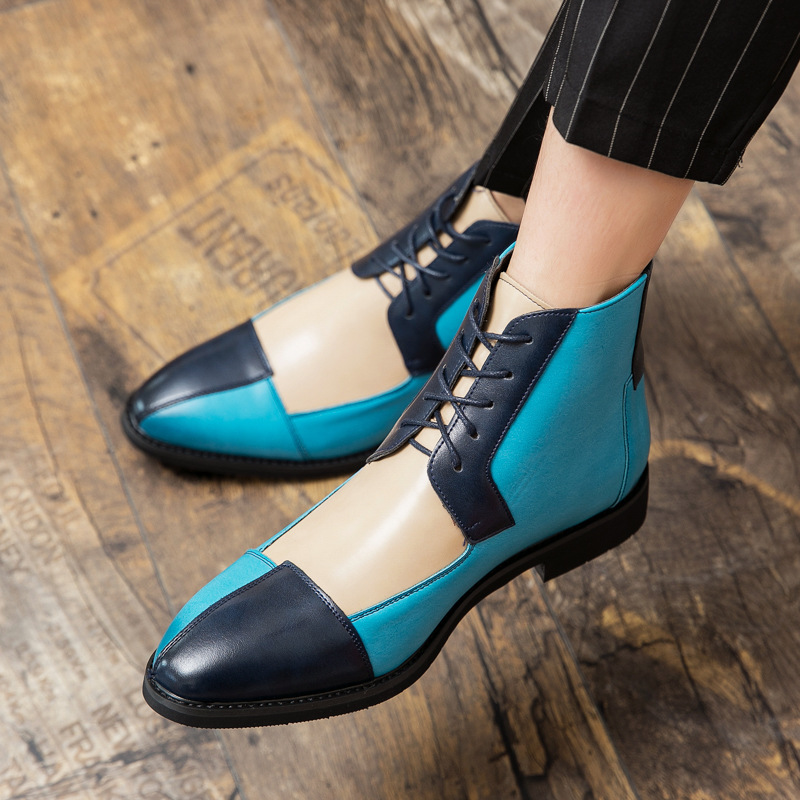 Cross-border plus size High-top Leather Shoes Retro Color-matching Trendy Dress Leather Shoes Men's Fashion Casual Trendy Boots