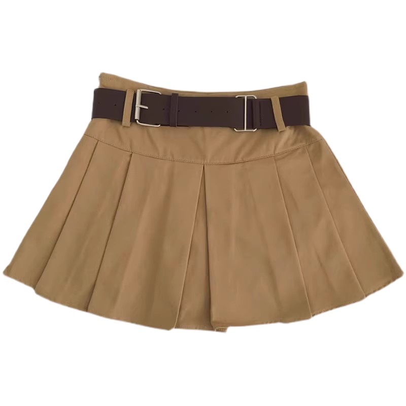 High-Waisted Pleated Skirt with Belt for Girls 2025 Spring & Fall New Korean Style Versatile Anti-Exposure Khaki Skirt