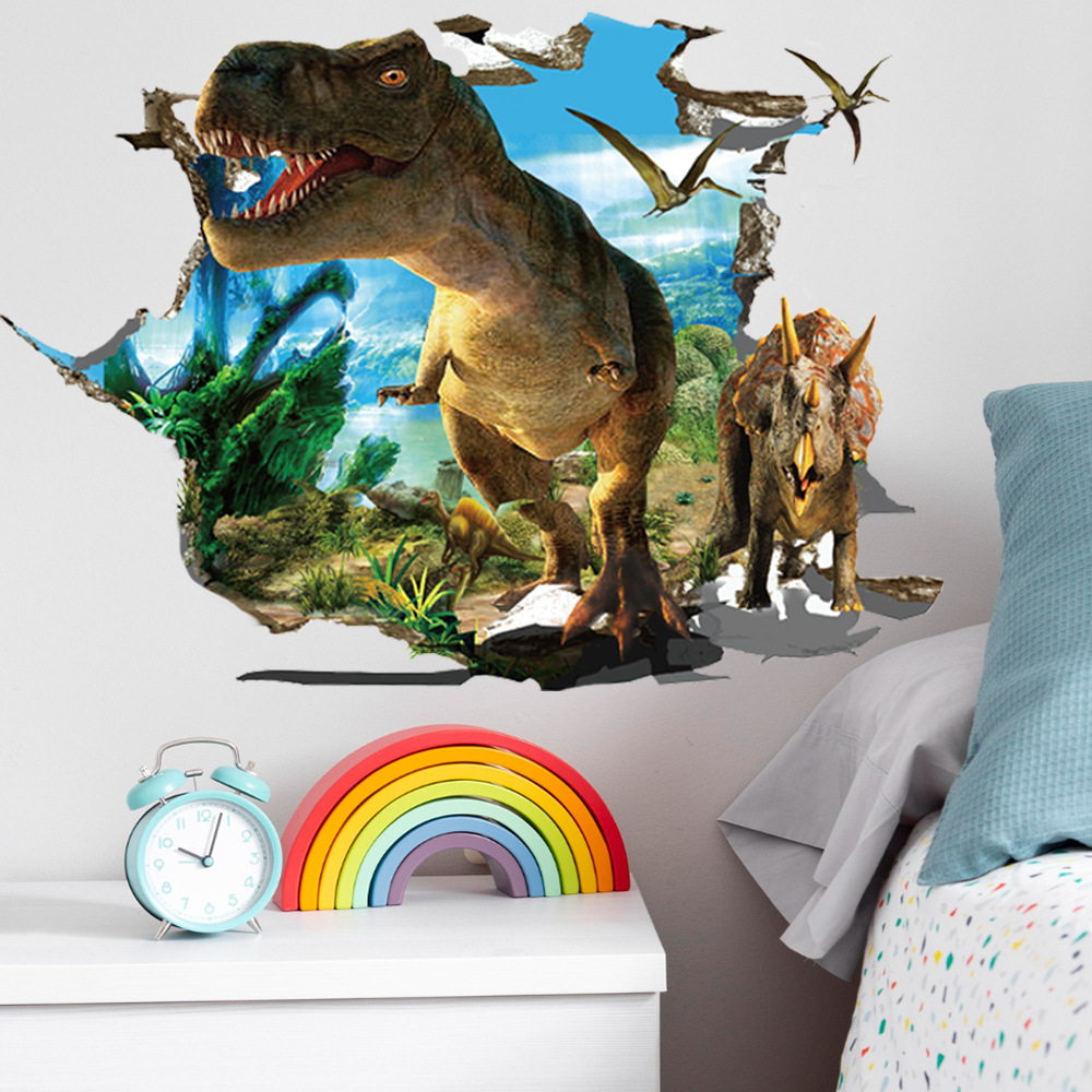3D Cartoon Broken Wall Dinosaur Living Room Bedroom Home Background Wall Decoration Sticker Self-Adhesive Wall Decor Manufacturer Wholesale