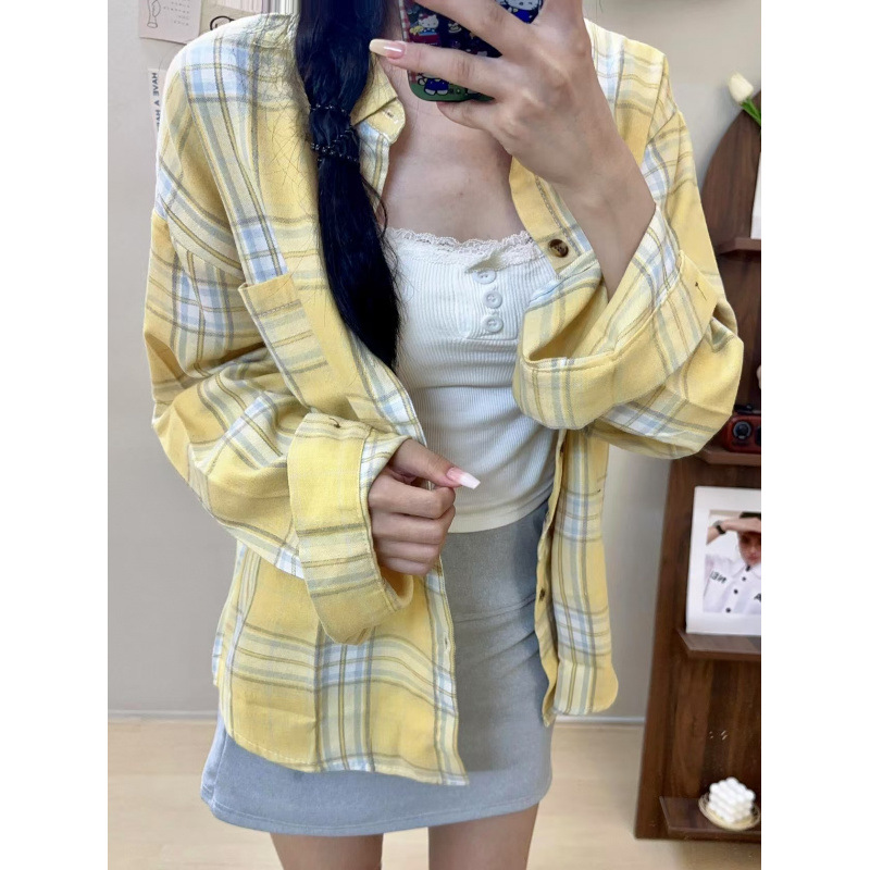 Original Fabric Real Price Yellow Cotton Plaid Shirt Women's Inner Layered Base Jacket Loose Slim Shirt