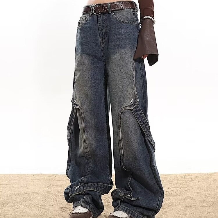 Washed Deconstructed High Street Jeans Metal Decoration American Jeans Fashionable Brand Straight Jeans Women's Fashionable Lazy