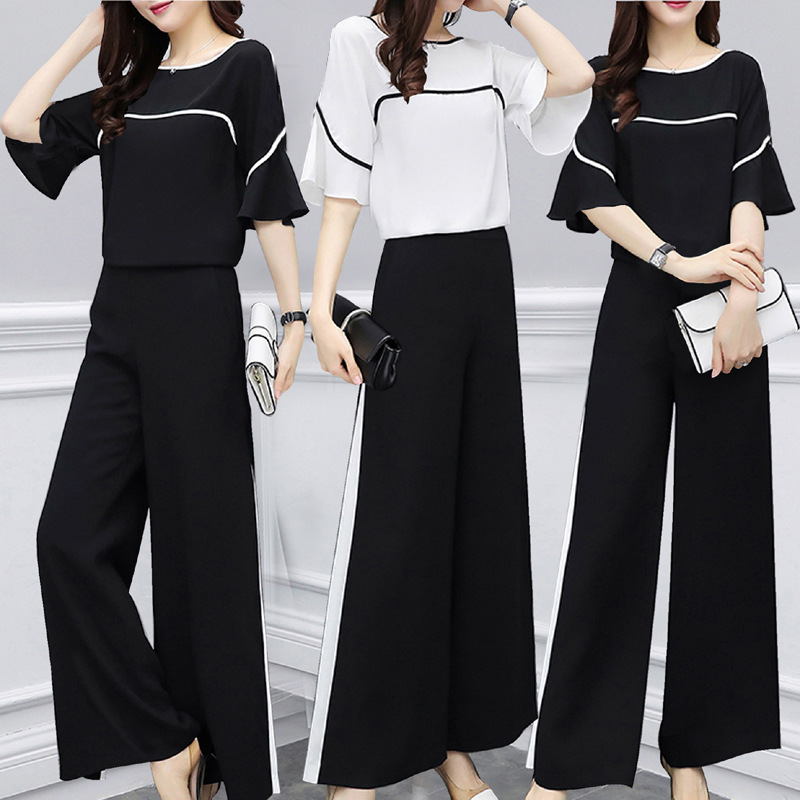 2023 Summer new western style two-piece short sleeve loose wide leg pants fashion student Korean style suit female summer fashion