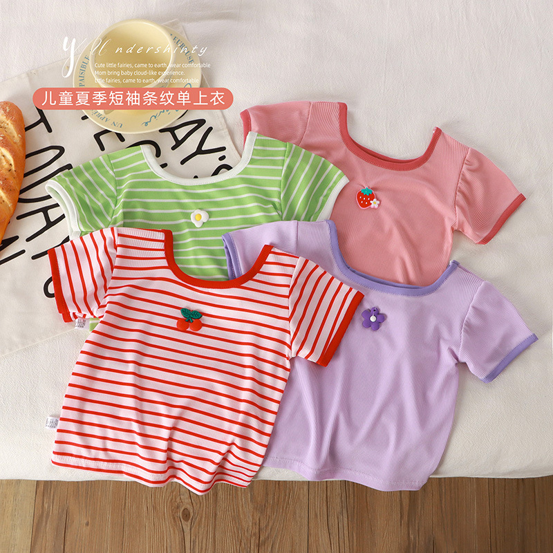 Summer Children's Ice Silk Short-sleeved 2024 New Girls' Square Collar T-shirt Cute Western Style Baby Breathable Half-sleeved Top