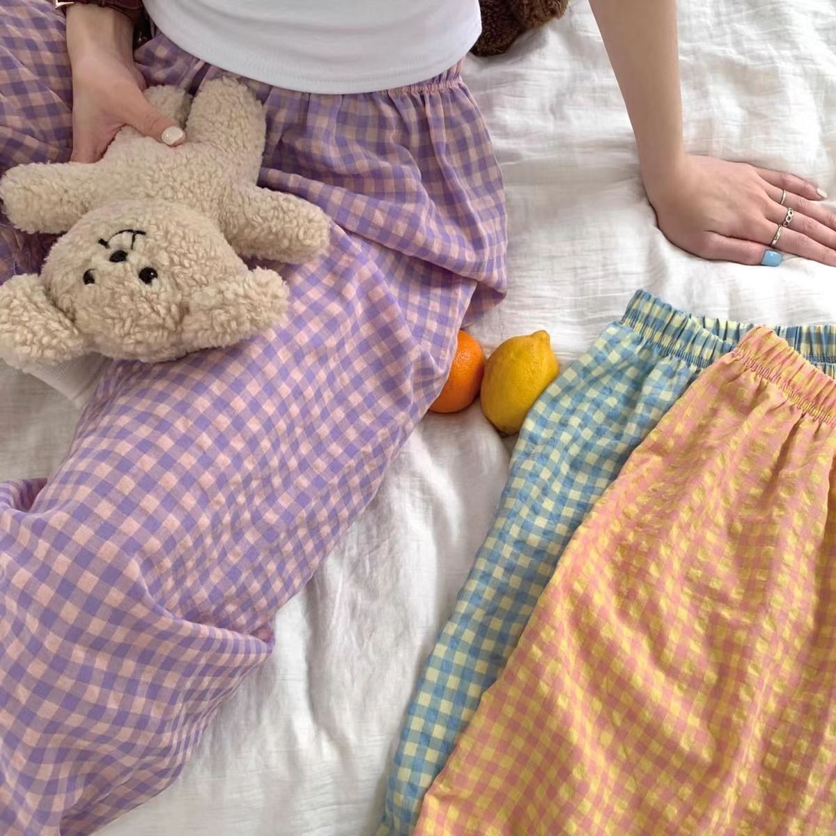 2024 Summer New Korean Plaid Sweet and Comfortable Breathable Home Walking Pajama Pants Fresh All-match Outer Wear Trousers