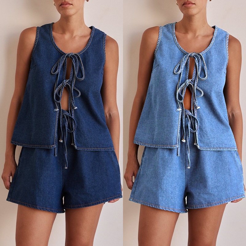 Independent Station Cross-border European and American Style Summer Fashion Casual Sleeveless Lace-up High Waist Women's Vest Denim suit Shorts