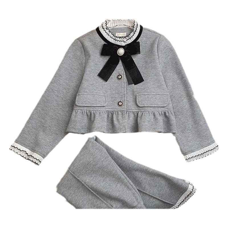 Girls' spring and autumn suit 2024 New Korean style fashionable western style bow lace collar top wide leg pants two-piece set