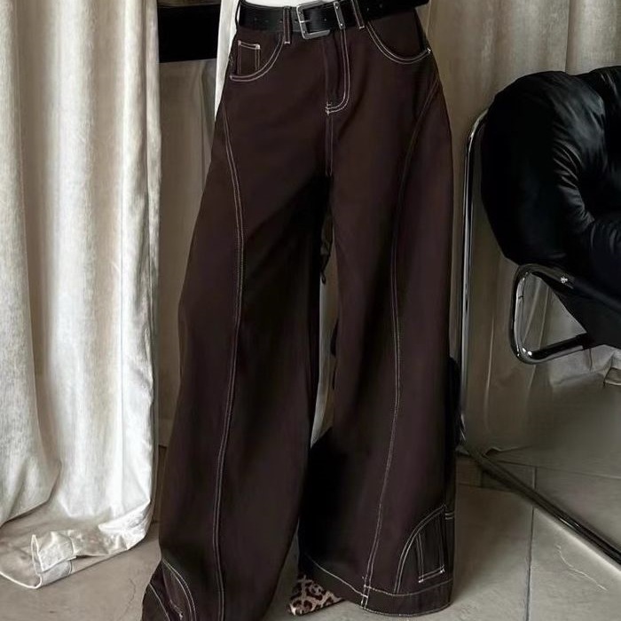 American retro high-waisted brown wide-leg jeans women's autumn and winter high street design feel straight and loose slim floor-length pants