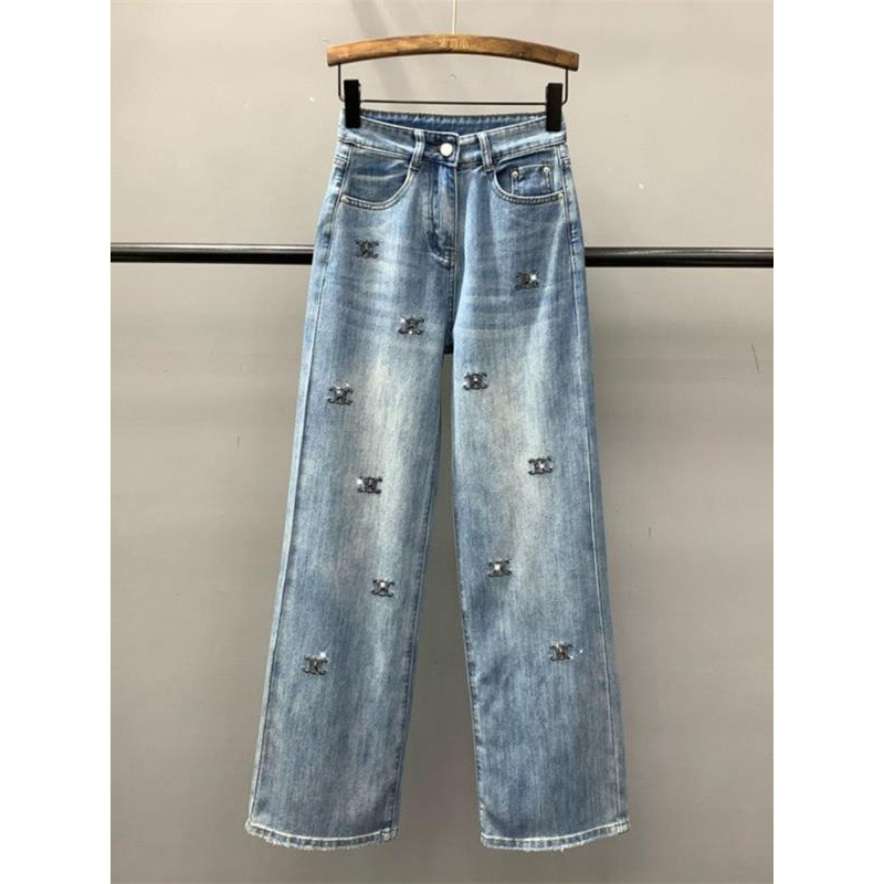 European Letter Hot Drilling Denim Wide Leg Pants Women's Spring New High Waist Stretch Straight Pants Small Chanel Style Pants