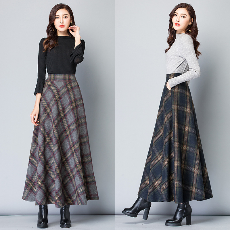 2023 autumn and winter woolen long skirt high waist versatile plaid skirt A- line skirt long skirt