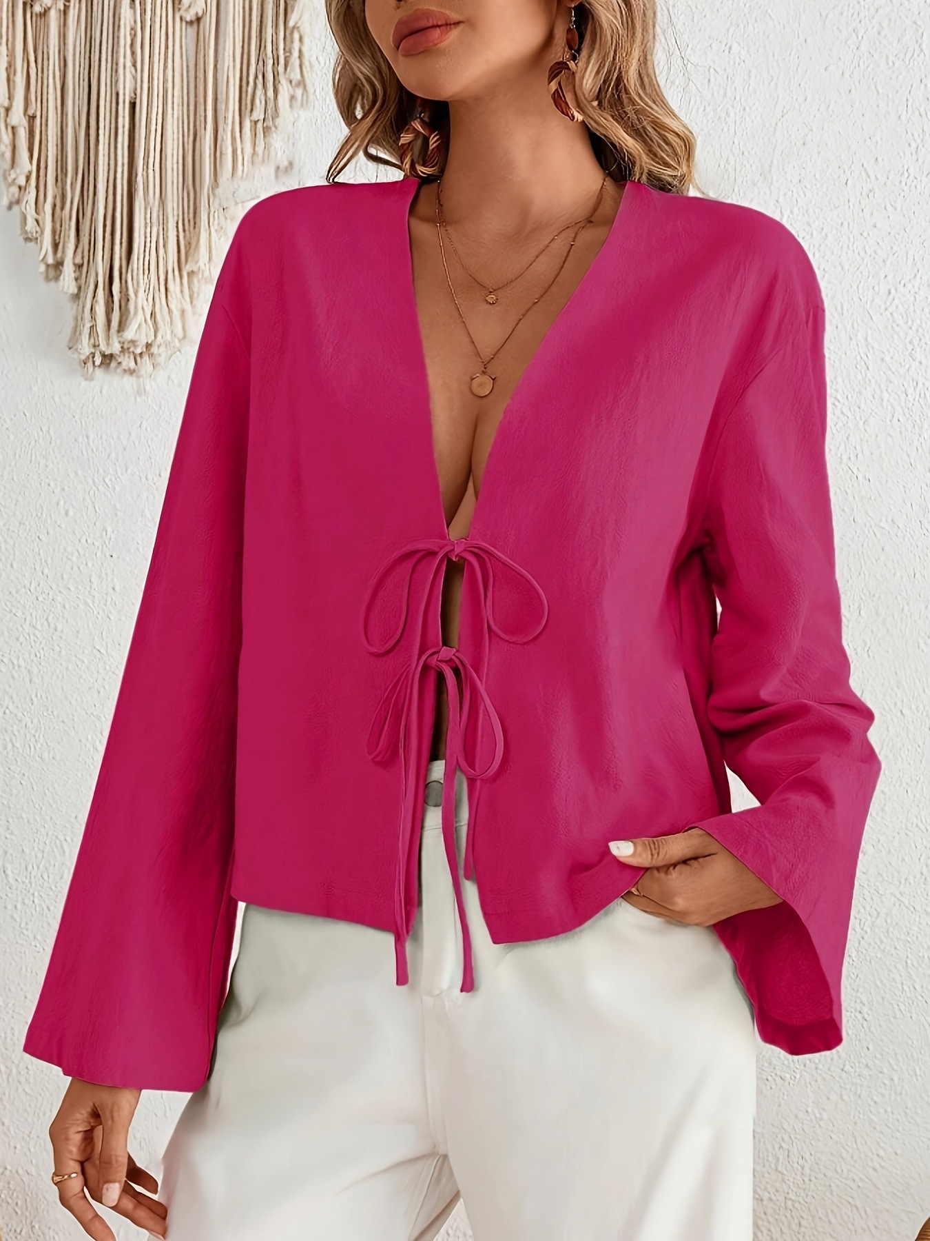 Cross-Border Amazon European and American Style Autumn New Women's Lace-Up Cardigan Thin Bell-Sleeved Long-Sleeved Solid Color Top