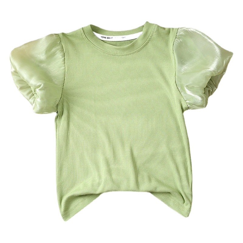Girls Short-Sleeved T-Shirt 2025 Summer New Style Kidsren's Cotton Princess Baby Girl Puff Sleeve Top Moisture Wicking