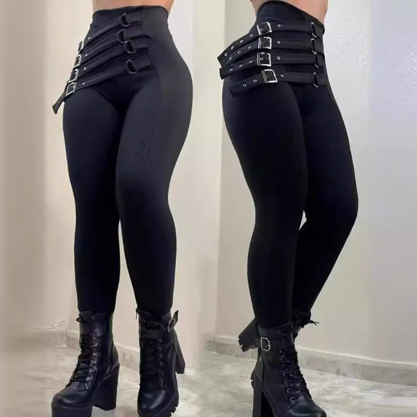 European and American Cross-border Women's High Waist Buckle Tight Pants Pencil Slim-fit Fashion Casual Sexy Leggings Trousers