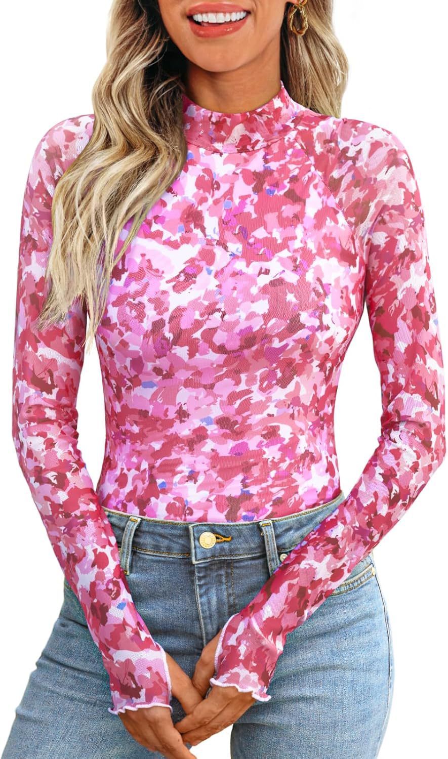 Picture of Cross-border European and American Amazon TK2025 Explosions Turtleneck Long Sleeve Lace Flower Mesh Base Shirt T-shirt for Women