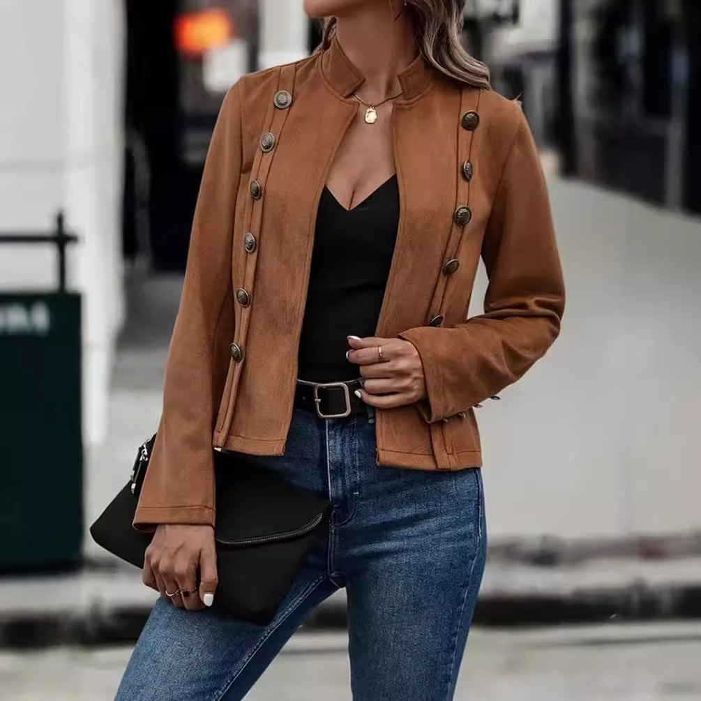 Picture of 2024 Europe and the United States cross-border solid color double-breasted decorative jacket new deerskin velvet retro long sleeve jacket in stock