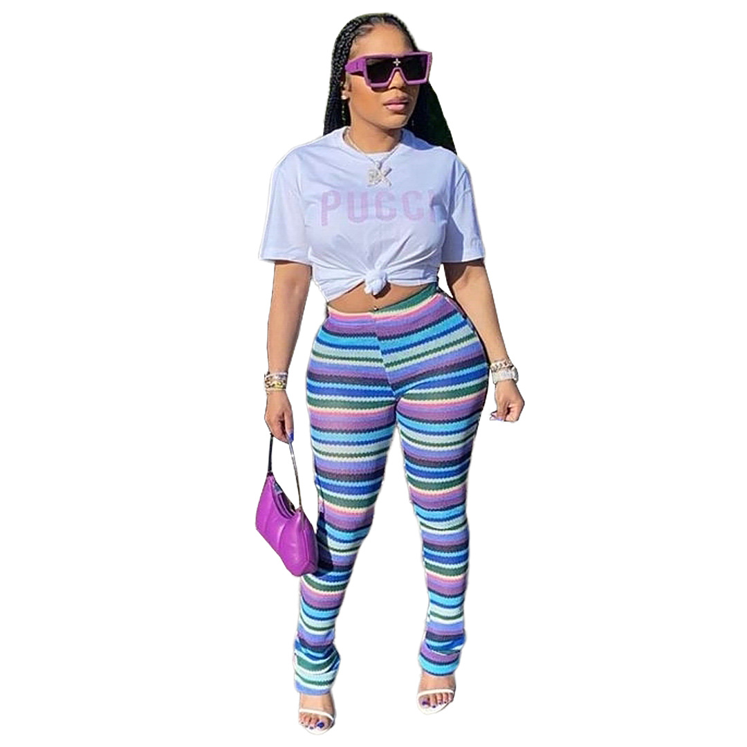 Picture of GL6585 Amazon European and American Women's Cross-border Goods Color Strip Knitted Hollow Jacquard Fashion Pants Flare Pants