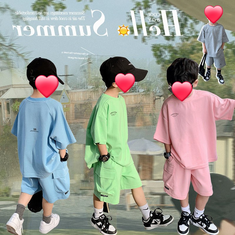 Foreign Trade Children's Wear Boy's Cotton suit Summer New Korean Style Casual Loose Short-sleeved Shorts Two-piece Trendy