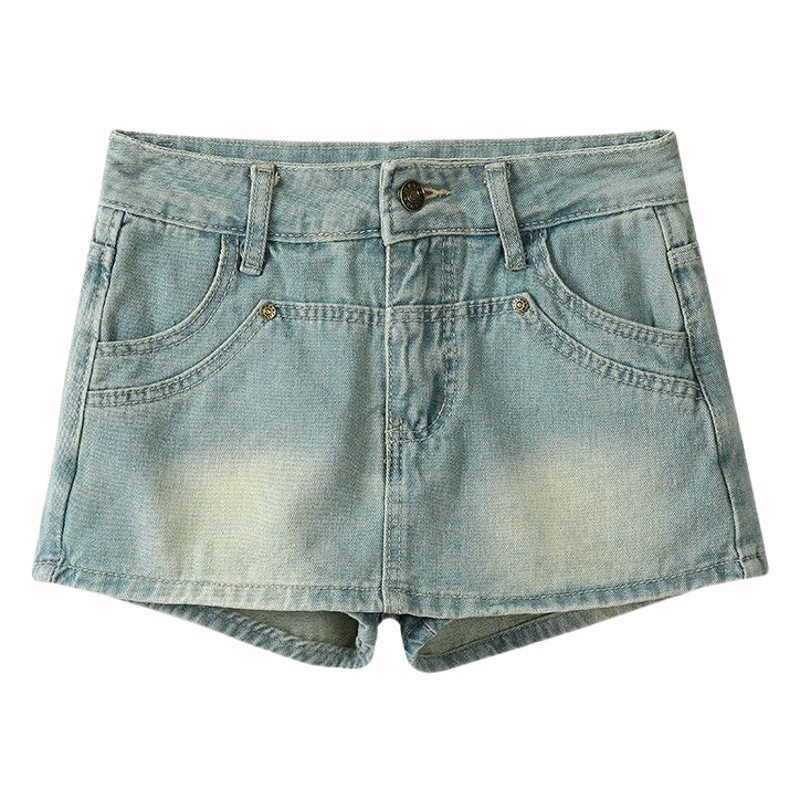 Vintage distressed denim skirts women's summer new anti-glare high waist hip slimming A- line miniskirt