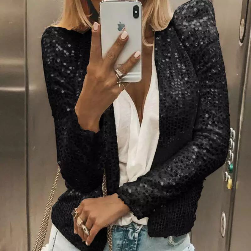 Picture of 2025 Cross-Border Women's Spring European and American Fashion Round Neck Pure Color Sequined Short Outwear Casual Versatile Small Outwear