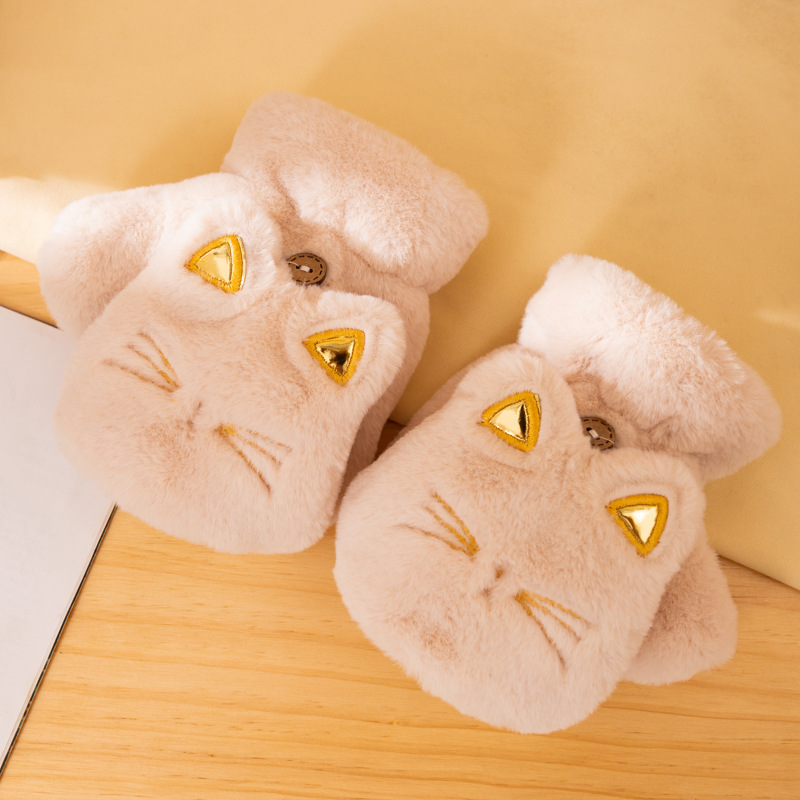 Picture of Korean version of warm cotton gloves ladies winter cute cycling students thickened velvet half finger students flip cartoon fashion