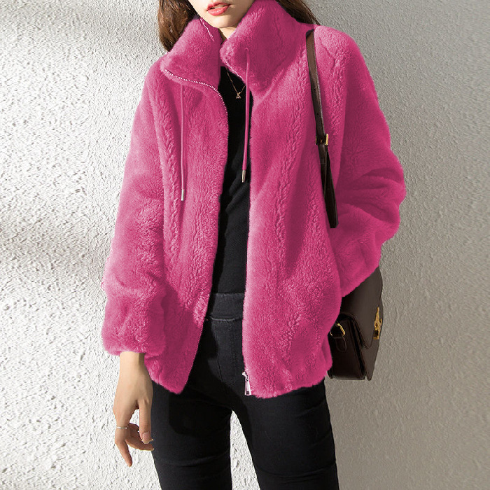 Picture of Women's Winter Outwear Fleece-Lined Thickeneded Double-Sided Coral Velvet Stand-Up Collar Warm Sweatshirt Elegant Cardigan Zipper Fleece Top