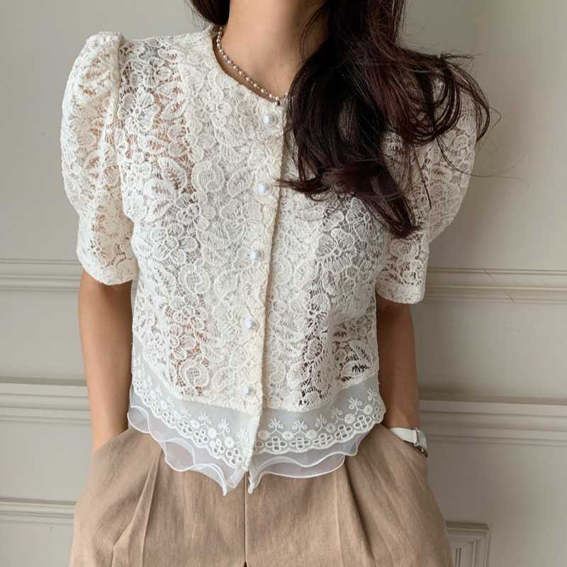 Korean Style Summer Temperament Heavy Lace Crochet Pearl Button Puff Sleeve Chiffon Ruffle Short-Sleeved Shirt for Women
